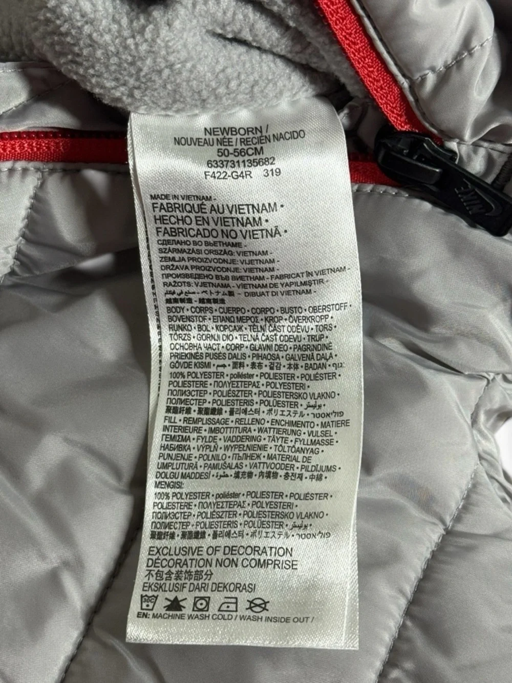 Nike Baby Newborn 50-56cm Unisex Puffer Full Zip Hooded Snowsuit Grey/Red